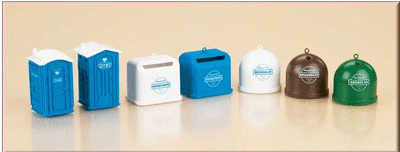 Auhagen 42593 - 2 Mobiltoiletten, 5 Recycling-Container