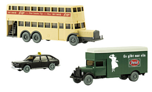 PMS 251107 - Set Wiking-Verkehrs-Modelle 99 Berliner Doppeldeckerbus D38, MB L 2500 Koffer-LKW und V
