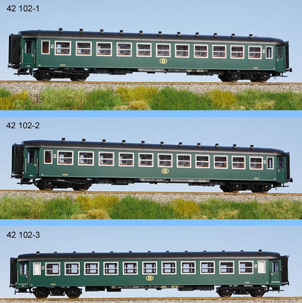 LSModels 42102 - SNCB Set I2 Wagen 3tlg. 2.Kl Ep.3c I2B11 + I2B11 + I2B11, grün, Dach schwarz, Alu-F