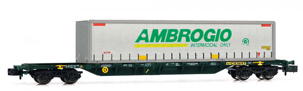 Arnold HN6730 - CEMAT, Containerwagen Sgnss, grün, beladen mit „AMBROGIO”-Curtainside-Wechselaufbau