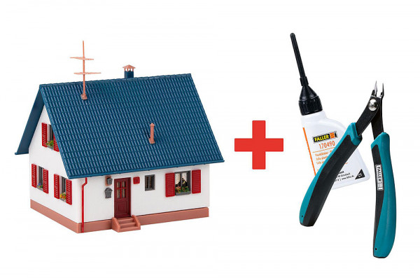 Faller 195601 - FALLER Promotion-Set Bastelhaus (weiß/blau) inkl. Kleber 170490 und 170688 Spezial-S