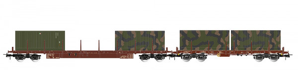 Rivarossi HR6716 - FS, 2-tlg. Set Rungenwagen der Bauarten Rgs + Rgmms, braun, beladen mit Militärco
