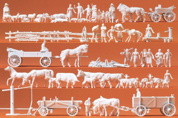 Preiser 16327 - Ländliche Gruppen, Gespanne 60 unbemalte Miniaturfiguren Ausstattungsteile Bausatz M