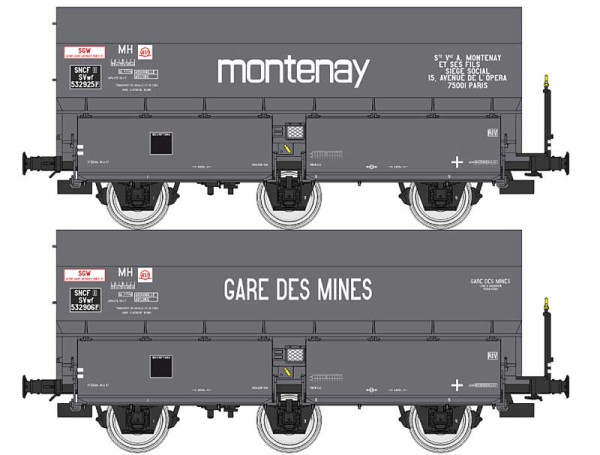 REE WB-964 - SNCF Set 2-teilig Selbstentladewagen MH45 grau Ep.3, "montenay/Gare des Mines", Kokslad
