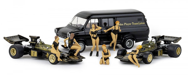 Brekina 22889 - Set "Lotus 72" mit 2 Formel1-Autos, 6 PR-Girls und Transporter