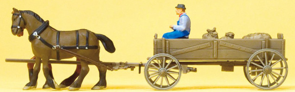 Preiser 30411 - Kastenwagen. Bauer, 2 Pferde,