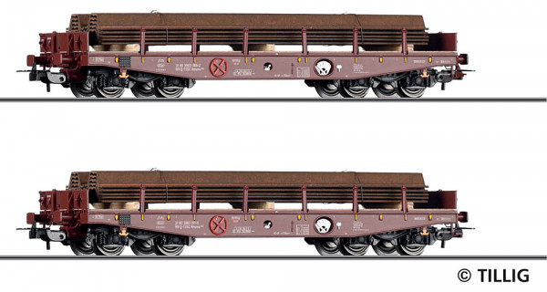 Tillig 70073 - DB AG Set 2-teilig Schwerlastwagen Rmms662 Ep.6, beladen mit Spundwandteilen