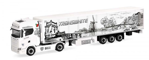 Herpa 322362 - Scania CS 20 Hochdach Kühlkoffer-Sattelzug "Transwhite" (P)