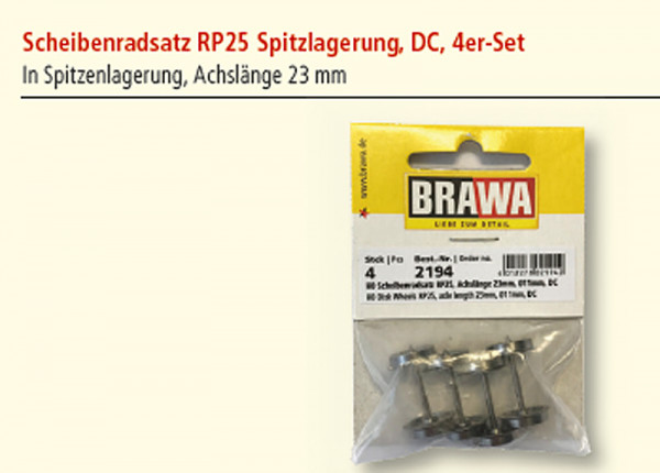 Brawa 2194 - Set: Scheibenradsatz RP25 Spitzenlagerung DC, 4 Stück