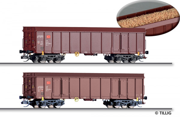 Tillig 01107 - DB AG Set 2-teilig offene Güterwagen Ealos-x053 Ep.6, beladen mit Hackschnitzel