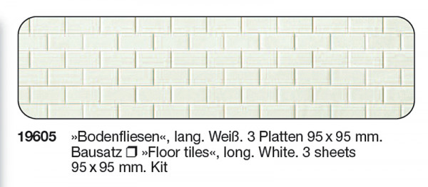 Preiser 19605 - Bodenfliesen lang Weiß, 3 Platten 95 x 95 mm, Bausatz