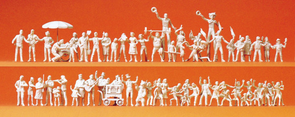 Preiser 16342 - Volksfestbesucher Schausteller 60 unbemalte Miniaturfiguren Bausatz Materialfarbe w