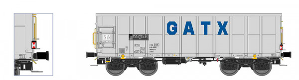 NME 545690 - WASCOSA Offener Güterwagen Eamnos 11,3m "GATX", hellgrau, m. Zugschl.bel. DE, DC/DCC Ep