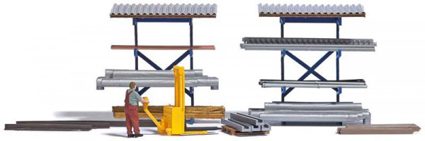 Busch 7844 - Set Hochhubwagen, komplett, Lagerarbeiter, Hochregal mit Überdachung und passendem Lade