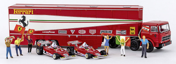 Brekina 58575 - Fiat 691 T Renntransport-SZ Set mit 2 Ferrari 312 T2 F1 und 5 Figuren 1977, Ferrari,