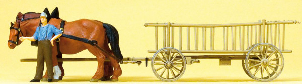 Preiser 30416 - Leiterwagen. Bauer, 2 Pferde
