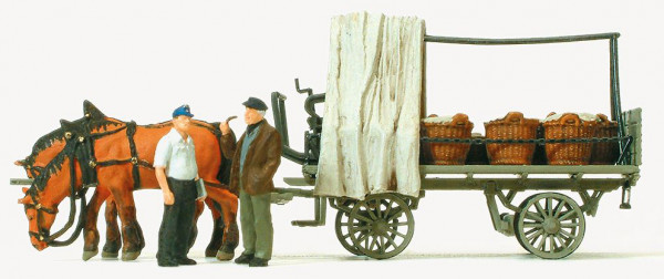 Preiser 30449 - Rollwagen mit Gemüseladung. Mit Pferden und Figuren, Fertigmodell