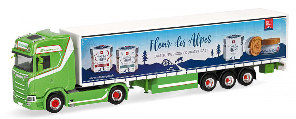 Herpa 321525 - Scania CS 20 Hochdach Gardinenplanen-Sattelzug "Urs Bühler/Fleur des Alpes" (CH)