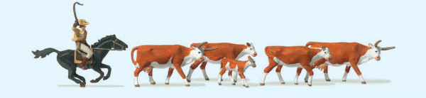Preiser 10159 - Langhornrinder, Cowboy zu Pferd
