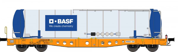 NME 561695 - SBB Containertragwagen 48` der Wascosa Ep.6, mit 45`Container "BASF" blau, mit Zugschlu