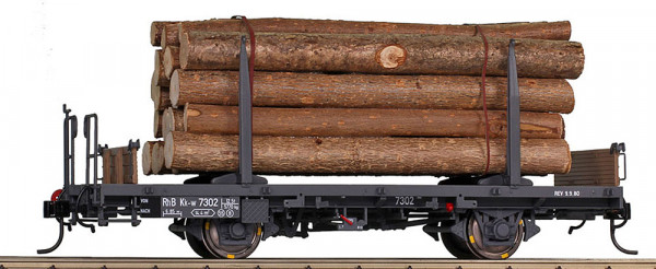 Bemo 9464101 - RhB Kk-w 7301 Rungenwagen mit Holzladung, Spur 0m - M 1:45