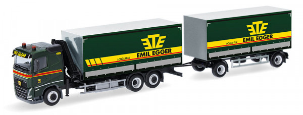 Herpa 320504 - Volvo FH GL FD 2020 Planen-Hängerzug mit Kran "Emil Egger" (CH)