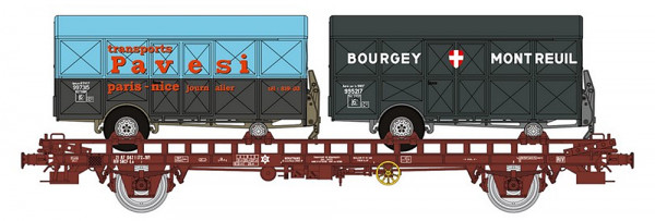 REE WB-642 - SNCF Tragwgaen UFR Biporteur Ep.4, beladen mit 2x Kofferanhänger "PAVESI" + "BOURGEY-MO