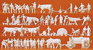 Preiser 16354 - Auf dem Land 52 unbemalte Miniaturfiguren 50 unbemalte Tierfiguren Zubehör Bausatz M