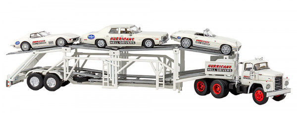 Brekina 90500 - Set Dodge Autotransporter mit 3 PKW, 1975, Hurricane Helldrivers, 1:87