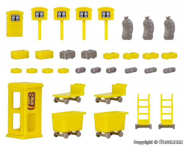 Viessmann 45131 - H0 Deko-Set Post, bestehend aus Telefonzelle, 2 Briefkästen und 4 Paketwagen.