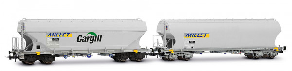 Jouef HJ6320 - SNCF, 2-tlg. Set 4-achs. Getreidesilowagen „MILLET”, gerade und runde Seitenwände, gr