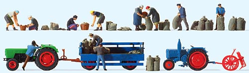 Preiser 13008 - Kartoffelernte 11 handbemalte Figuren Schlepper Deutz D 6206 mit Anhänger Schlepper