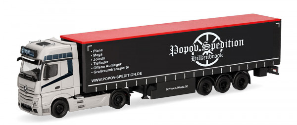 Herpa 318891 - Mercedes-Benz Actros L Gigaspace Gardinenplanen-Sattelzug "Popov Spedition"