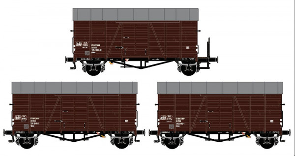 Exacttrain 20193 - ÖBB Set gedeckter Güterwage Oppeln 3-teilig Ep.4, 1 Wagen davon mit Bremserbühne