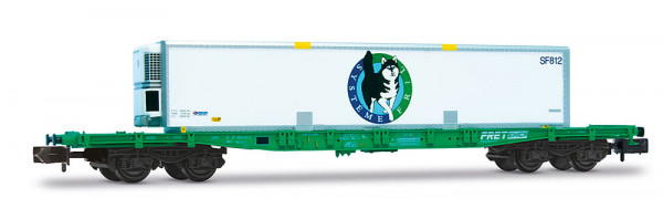 Arnold HN6726 - SNCF, Containerwagen S70, grüne Farbgebung, beladen mit Kühl-Wechselbehälter „Systèm