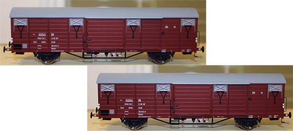 Exacttrain 20464 - DR Set gedeckte Güterwagen Glmms 14.05 2-teilig Ep.4a, 7 Ribben, mit Beladungen