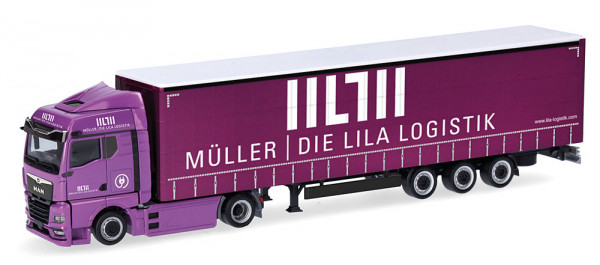 Herpa 320801 - MAN eTGX GM Volumenplanen-Sattelzug "Müller - Die lila Logistik"