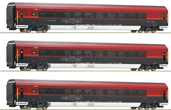 Roco 74088 - ÖBB Set Reisezugwagen "Railjet" 3-teilig Ep.6, mit Zonen-Beschriftung, mit Beleuchtung,
