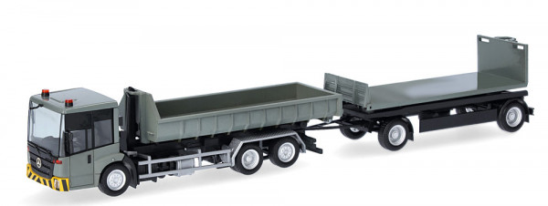 Herpa 321549 - Mercedes-Benz Econic Wechsellader-Hängerzug mit flacher Mulde und Flat, grau/gelb
