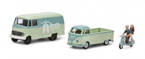 Schuco 452671700 - Modellautoset mit MB L319 Kasten, VW T1 Pritsche und 1 Vespa Motorroller + 2 Figu