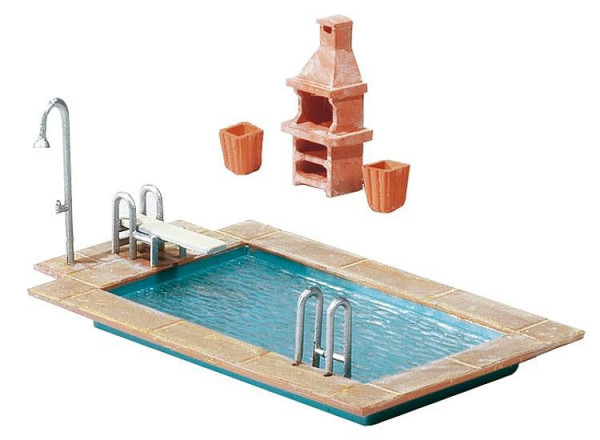 Faller 180542 - Swimming Pool und Gartenhaus patiniertes Modell
