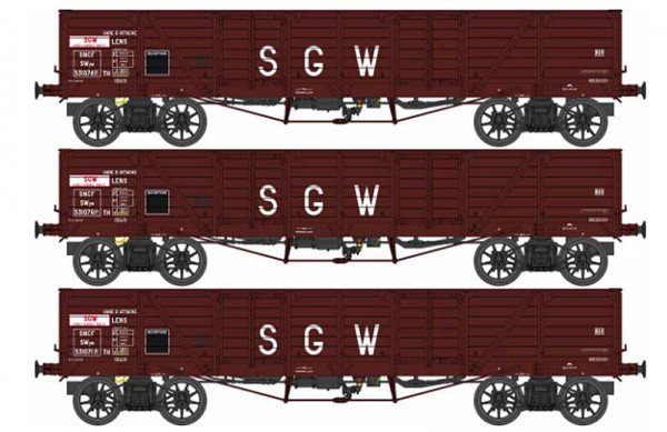 REE WB-854 - SNCF Set 3-teilig Hochbordwagen braun Ep.3b, "SGW"