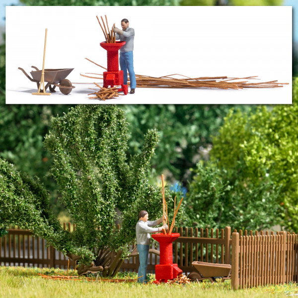 Busch 7970 - A-Set: Gartenhäcksler mit Gärtner, Häckselmaterial, Schubkarre, Gartenwerkzeug