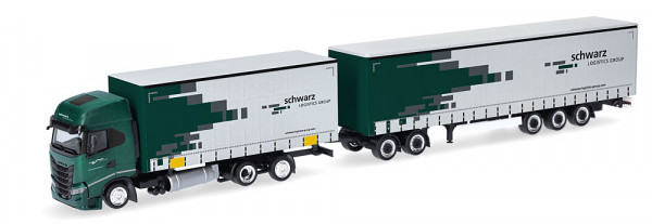 Herpa 319607 - Iveco S-Way Gardinenplanen-Hängerzug (Lang-LKW) "Spedition Schwarz"
