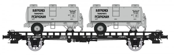REE WB-615 - SNCF UFR Doppeltragwagen schwarz Ep.3, beladen mit 2x Tankauflieger "RAYMONDI"