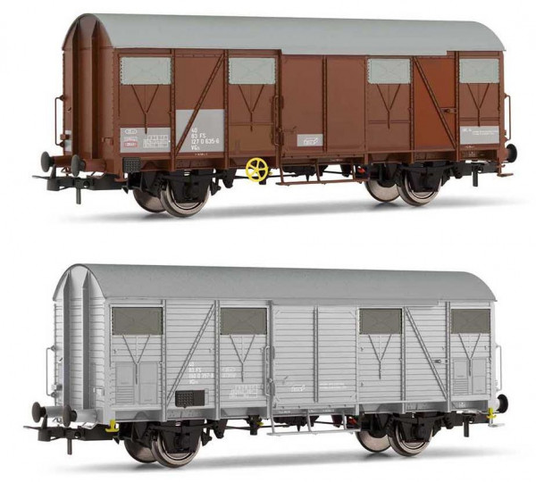 Rivarossi HR6508 - FS Set gedeckte Güterwagen Gs 2-teilig Ep.5, dienstawagen, 1x braun 1x hellgrau