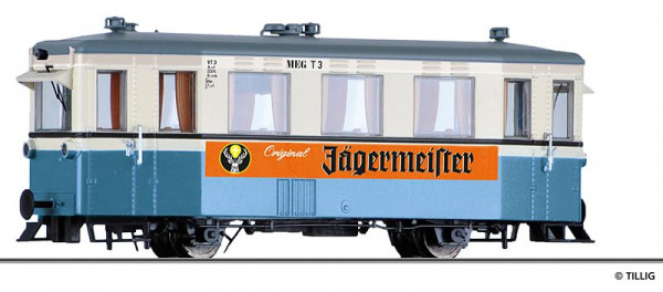 Tillig 02943 - MEG Triebwagen T3 creme/blau Ep.3, mit "Jägermeister" Bandenwerbung