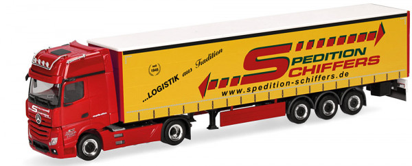 Herpa 319218 - Mercedes-Benz Actros Gigaspace Gardinenplanen-Sattelzug "Spedition Schiffers"