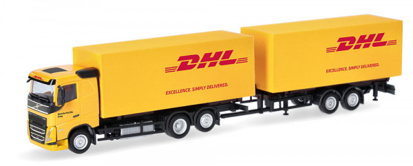 Herpa 321501 - Volvo FH Flachdach 2020 Wechselkoffertandem-Hängerzug "DHL"
