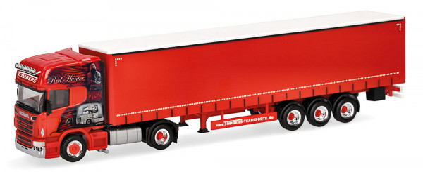 Herpa 321662 Scania R 09 Topline Gardinenplanen-Sattelzug "Ralf Tombers Transporte/Red Hunter"